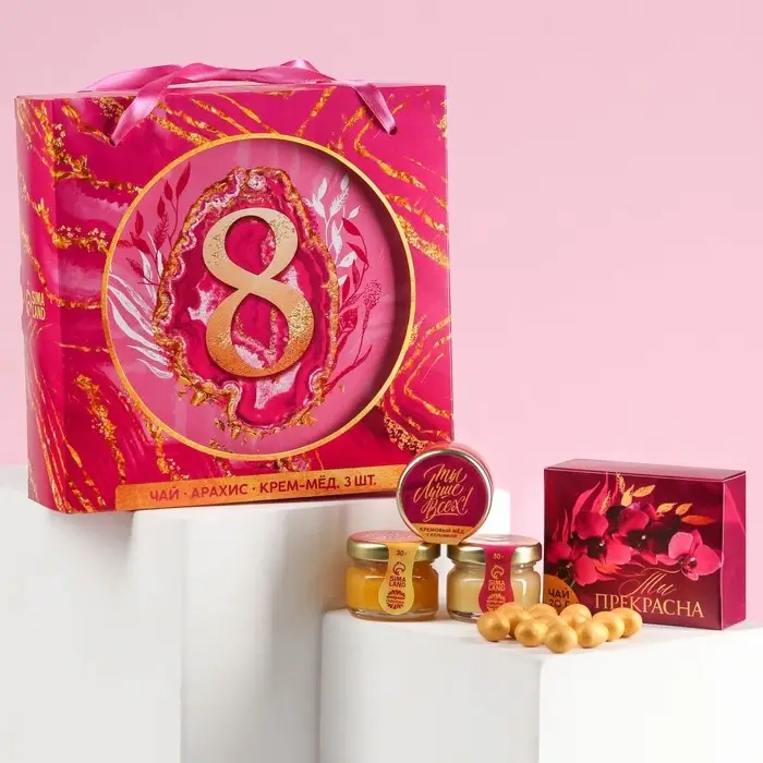 Набор &laquo;8 марта&raquo;: крем-мед, чай, орехи в шоколаде