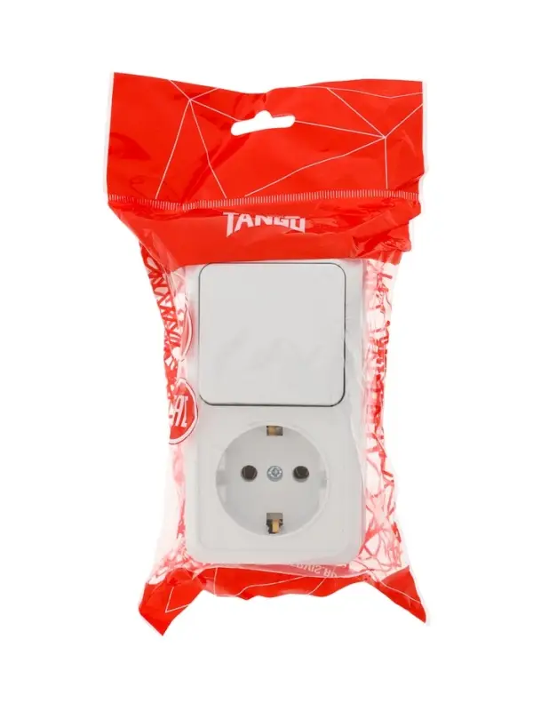 Выключатель с розеткой вертикальный TANGO, 16 А, 1 клавиша + розетка, IP 20, открытой проводки с заз