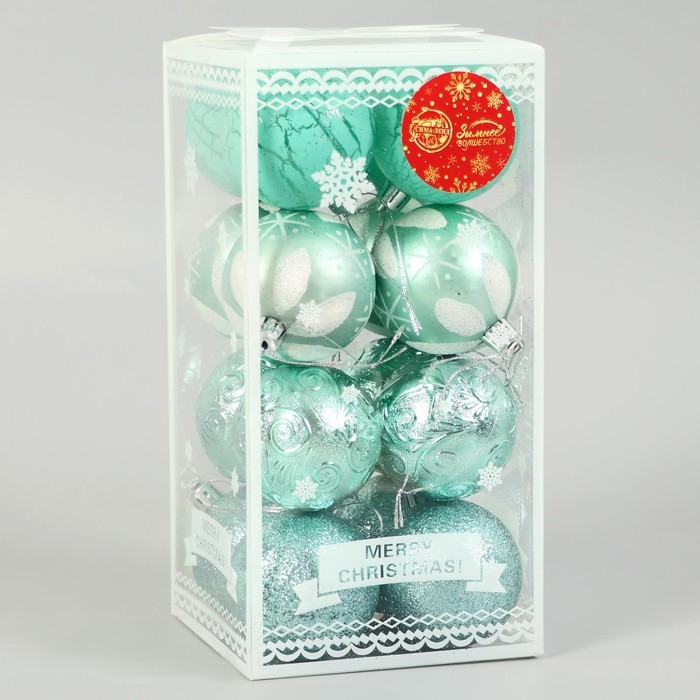 Набор шаров пластик d-6 см, 16 шт "Мелодия" узор треск, зелёный