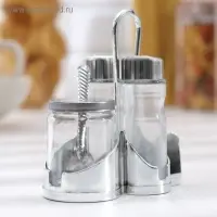 Набор для специй &laquo;Стиль&raquo;, 3 шт: сахарница с ложкой 80 мл, солонка и перечница 50 мл, подставка-салфетница