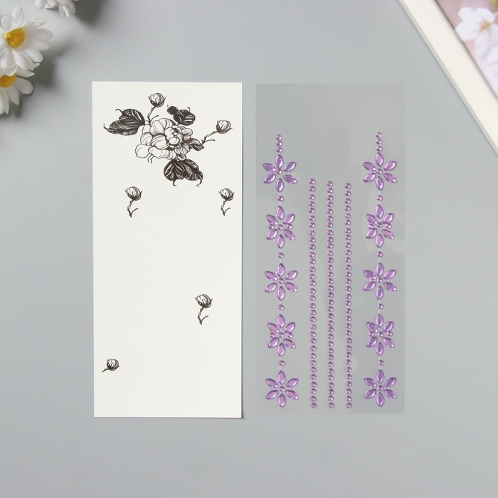 Наклейка пластик стразы тату на тело "Цветочная аппликация" фиолетовая набор 2 листа 18х8 см   10536