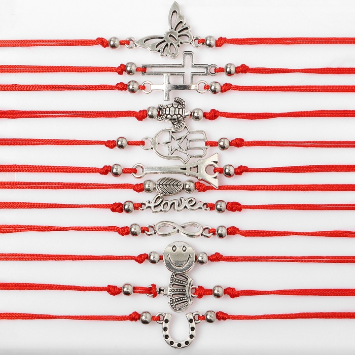 Браслет-оберег &laquo;Красная нить&raquo; набор 12 шт., ассорти знаков, цвет чернёное серебро, 17,5 см