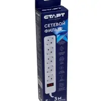 Сетевой фильтр СТАРТ, 5 розеток, 3 м, 10 А, ПВС 3&times;0.75 мм2, с заземлением, с выключателем, IP20, белый