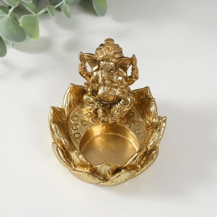 Подсвечник полистоун на 1 свечу "Ганеша в лотосе" золото 9х8,2х7 см