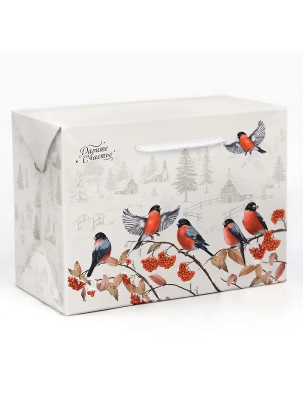 Пакет&mdash;коробка &laquo;Зима в деревне&raquo;, снегири, 28 х 20 х 13 см