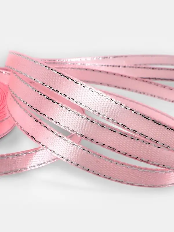 Лента атласная, с серебряным люрексом, 6 мм, 23&plusmn;1 м, розовая №004