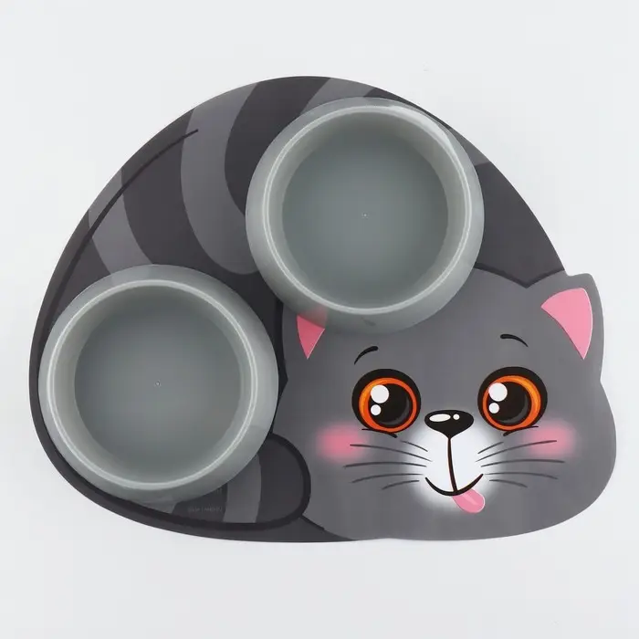 Набор коврик под миску "Вку-у-усно!" + 2 миски пластиковые серые