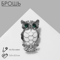 Брошь &laquo;Сова&raquo;, цвет зелёно-белый в серебре