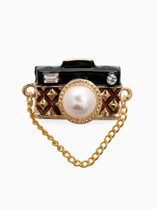 Брошь "Фотоаппарат" с жемчугом, чёрно-коричневая в золоте