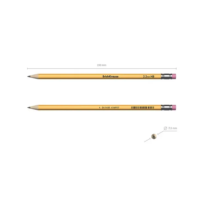 Карандаш чернографитный с ластиком, ErichKrause, Amber 101, НВ, дерево, шестигранный, в коробке, жёлтый корпус