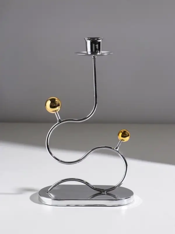 Подсвечник металл на 1 свечу "Линия и шарики" серебро с золотом d=2,5 см 14,5х7,5х26 см