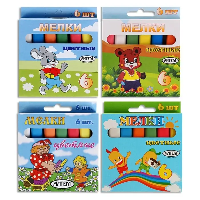 Мелки цветные "АЛГЕМ", в наборе 6 штук, квадратные