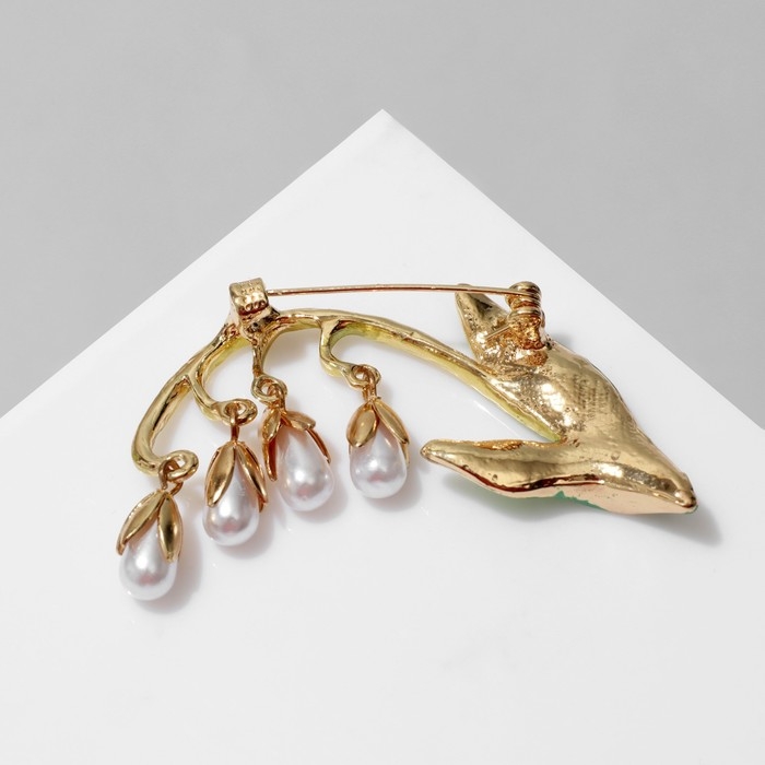 Брошь &laquo;Ландыши&raquo; веточка, цвет бело-зелёный в золоте