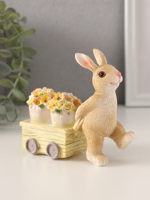Сувенир полистоун "Зайчик везёт цветочные горшки на тележке" 11х4х10 см