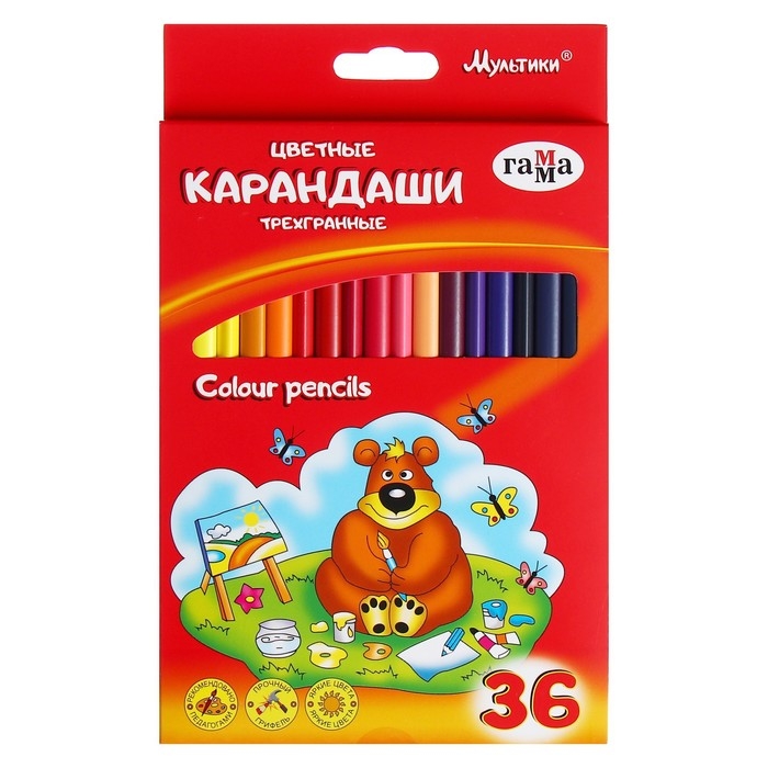 Карандаши 36 цветов Гамма "Классические", трёхгранные, d=2.6 мм, картонная упаковка, европодвес 050918_10
