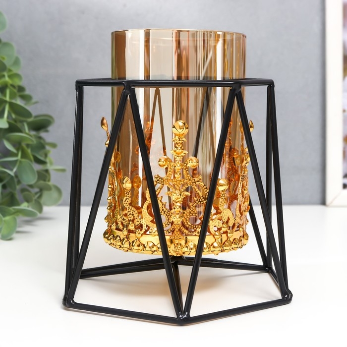 Подсвечник металл, стекло на 1 свечу "Грани" d-7,5 см, золото, чёрный 13х15,5х14,5 см