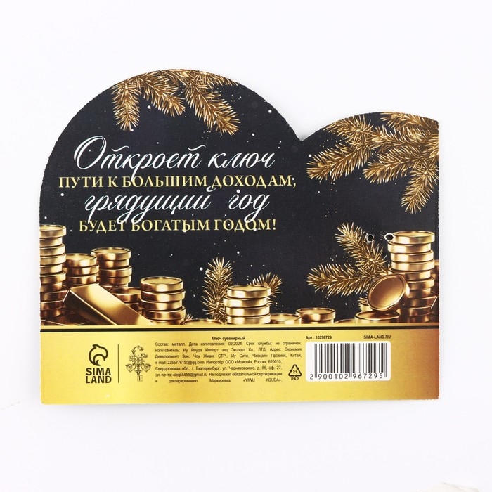 Ключ сувенирный новогодний &laquo;Новый год: К денежной удаче&raquo;, 2.4 х 5.2 см