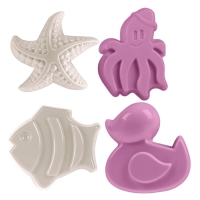 Песочный набор: ведро 1,2 л, лопатка,грабли,4 формочки, лейка 0,2 л, бледно-розовый