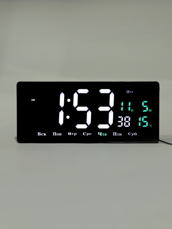 Часы электронные настенные, календарь и термометр, 36.2 х 15.5 см, белые цифры 10 х 4.5 см   1076627