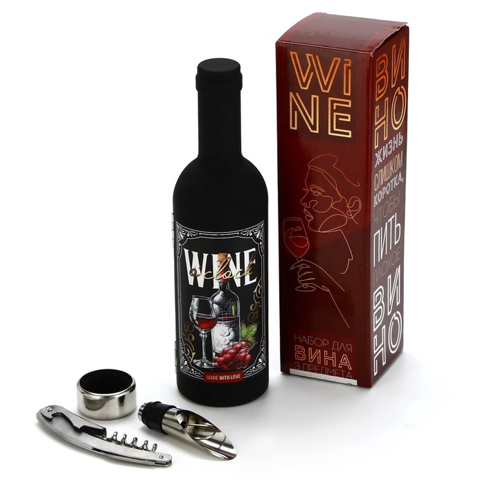 Подарочный набор для вина мини: аэратор, штопор, каплеуловитель для бутылки вина &laquo;Wine&raquo;, 20 х 10 см