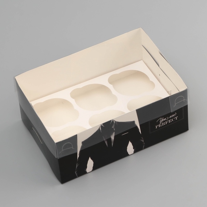 Коробка для 6 капкейков с прозрачной крышкой, "Мужской дляарок", 23 &times; 16 &times; 10 см, кондитерская упаковка