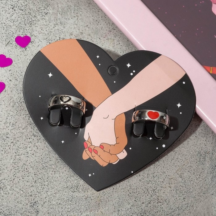 Набор колец 2 штуки &laquo;Неразлучники&raquo; сердца, цвет чёрно-красный в серебре, размер 17