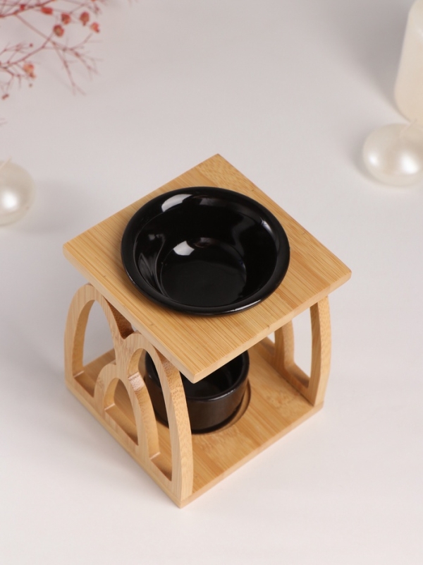 Аромалампа бамбук, керамика с подставкой под свечу "Узоры" чёрная 9,5х9,5х13,5 см