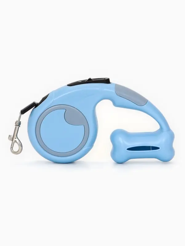 Рулетка - поводок "Косточка", с контейнером для пакетов, трос 3 м, голубая/серая