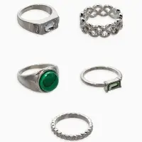 Набор колец 5 шт "Новый стиль" малахит, размер МИКС, цвет изумрудный в серебре