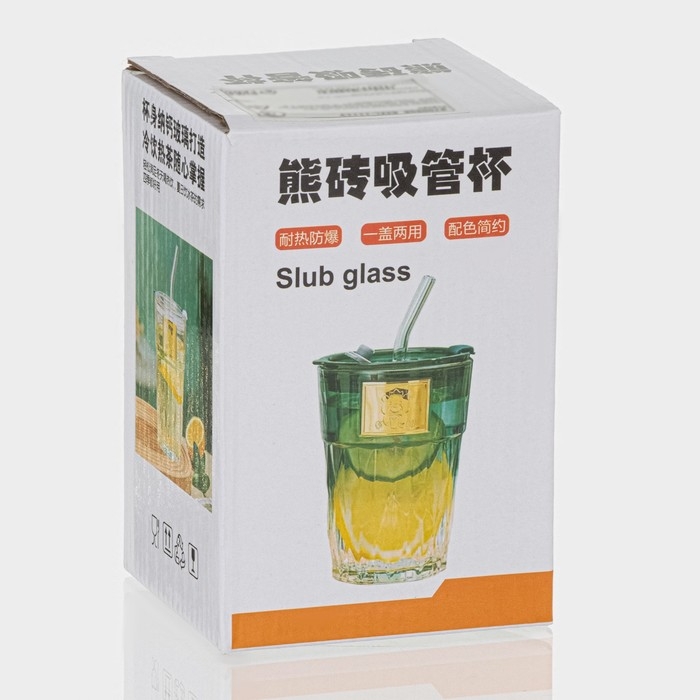 Стакан стеклянный с крышкой и трубочкой &laquo;Крона&raquo;, 400 мл