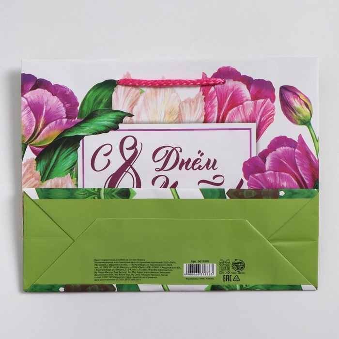 Пакет подарочный ламинированный горизонтальный, упаковка, &laquo;С днём 8 марта&raquo;, MS 18 х 23 х 8 см