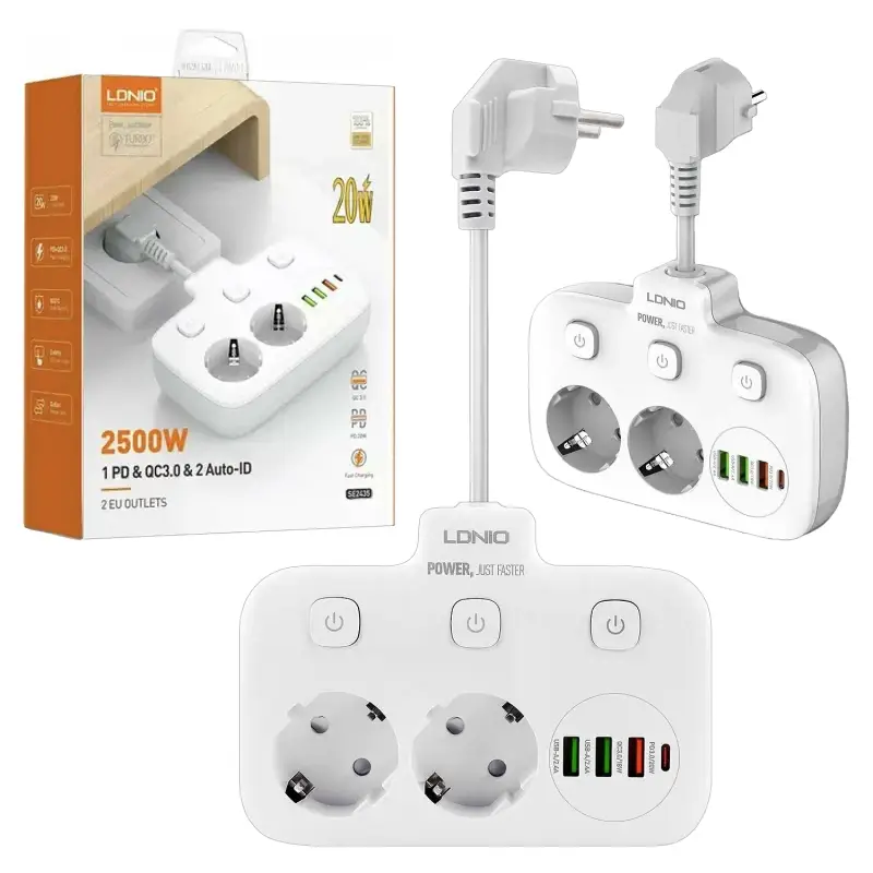 Сетевой фильтр на 2 розетки + 3 USB 2500W SC2435 LDNIO (30шт/кор)