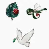 Броши "Голубь, листик, подснежник" (набор 3шт), цветной в серебре
