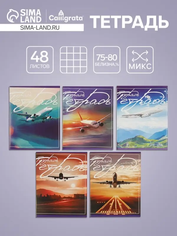 Тетрадь 48 листов в клетку Calligrata &laquo;Самолеты&raquo;, обложка мелованный картон, блок №2, белизна 75% (серые листы), МИКС