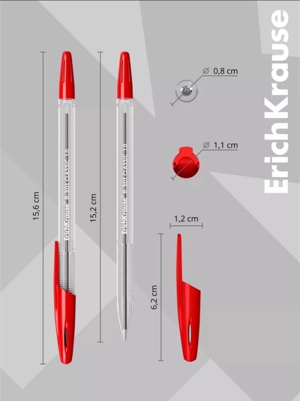 Ручка шариковая Erich Krause R=301 Classic Stick, узел 1.0 мм, чернила красные, длина линии письма 2000 метров, штрихкод на ручке