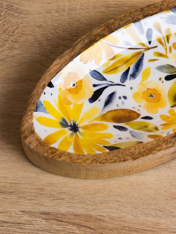 Блюдо в форме рыбки "Желтые и синие цветы" дерево манго 25,5х10х2 см