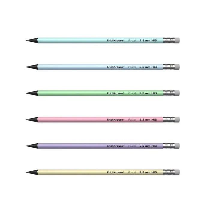 Карандаш чернографитный с ластиком ErichKrause &laquo;Pastel&raquo;, HB, грифель d=2.2 мм, пластик, круглый в тубусе, пастель МИКС