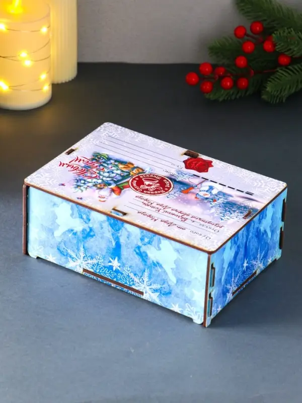 Шкатулка-ящик  самосборный малый "Дед мороз и елка", 20х13,6х8 см