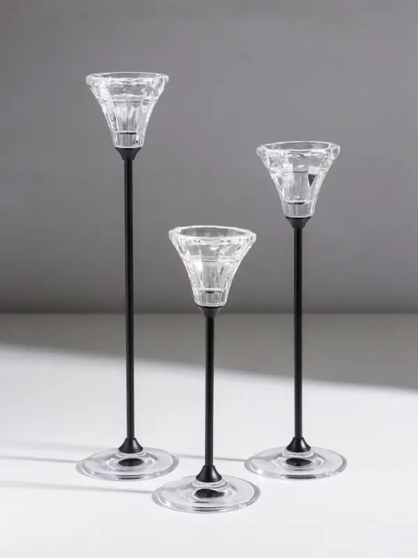 Подсвечник металл, стекло "Нил" d=2 и 4 см набор 3 шт  прозрачный 7х7х18 7х7х23 7х7х28 см