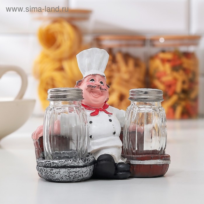Набор для специй из стекла на подставке &laquo;Повар на диване&raquo;, 3 предмета: солонка 50 мл, перечница 50 мл, подставка, фигурка МИКС
