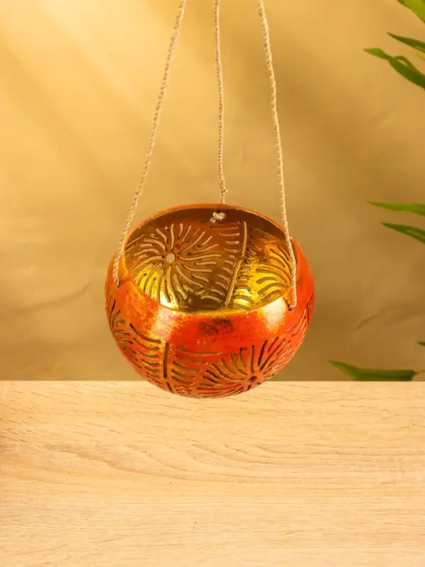 Подсвечник подвесной из кокоса, 11-14 см, красно-золотой