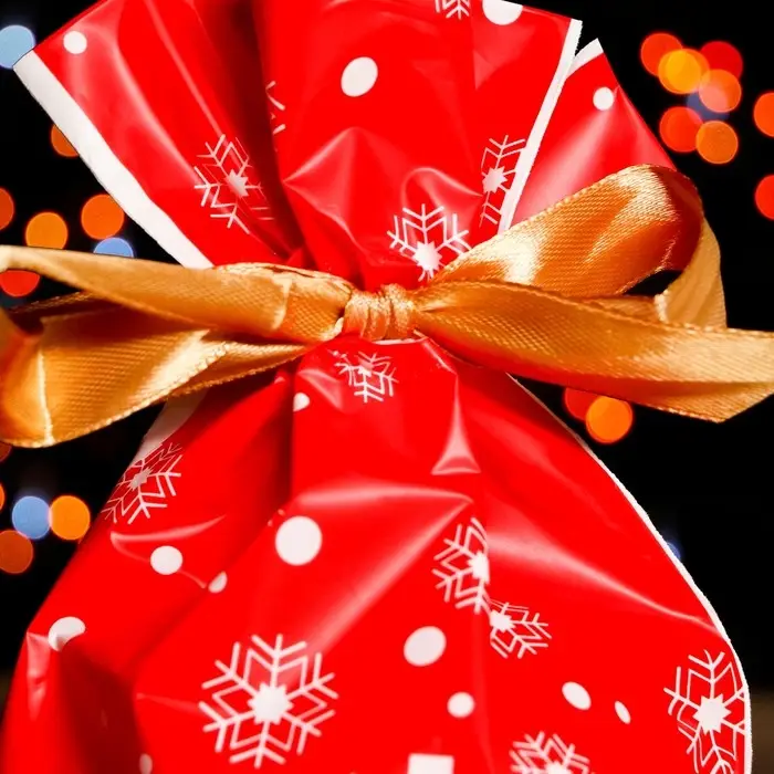 Пакет полиэтиленовый подарочный, с завязками "Снежинки", 15*23см.