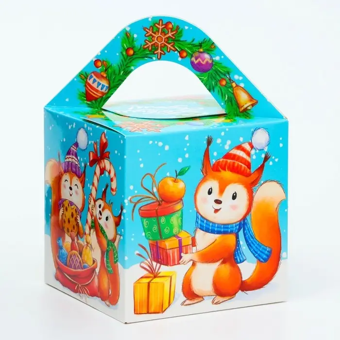 Подарочная коробка Новогодняя Кубик большой &laquo;Бельчата&raquo; с анимацией 12&times;12&times;12 см