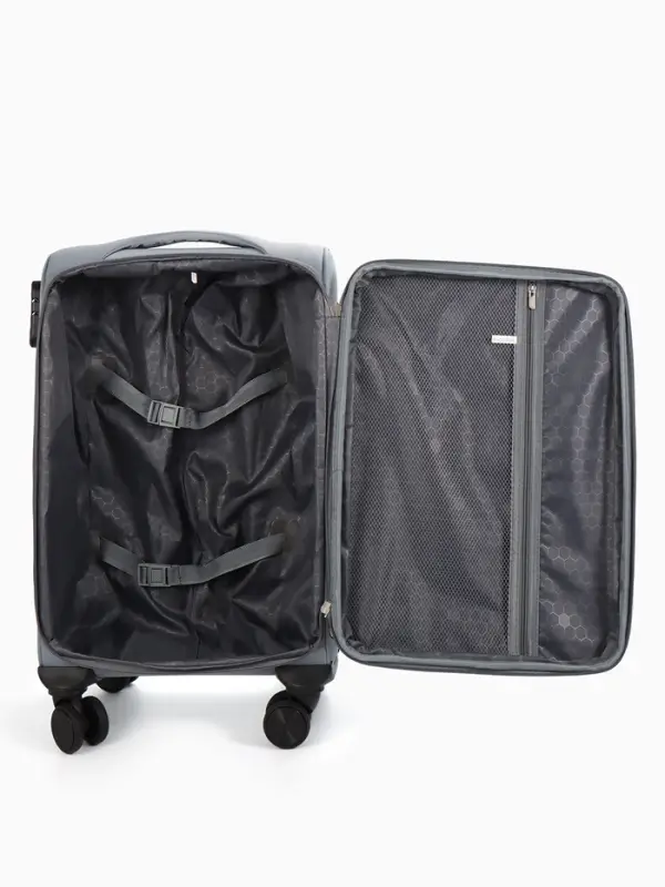 Чемодан 20",Текст,36*25*58,отд на молнии,1 нар/карм, увелич,код замок,4 колеса, т.серый