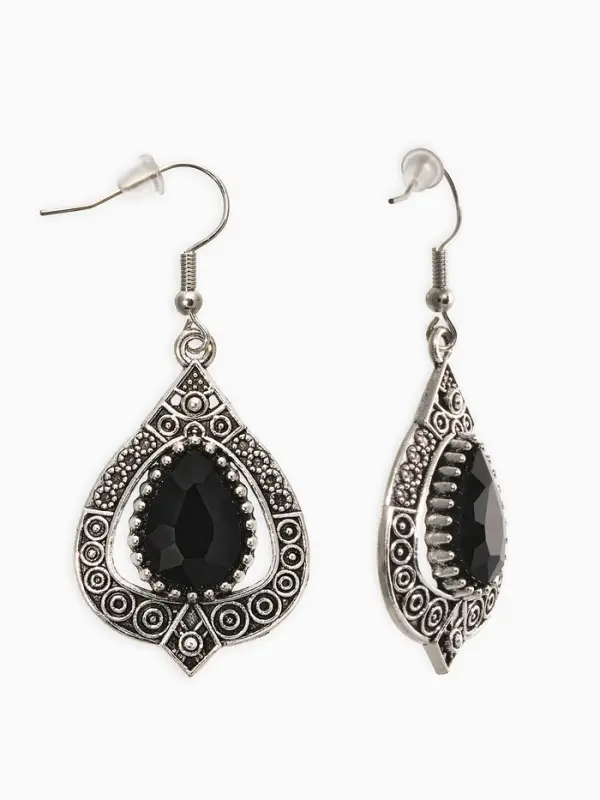 Серьги со стразми "Винтаж" капля, цвет чёрный в чернёном серебре