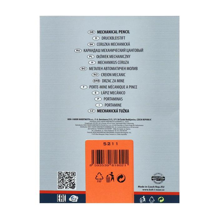 Карандаш цанговый 2.0 мм Koh-I-Noor 5211CN Versatil, металл/пластик, с клипом