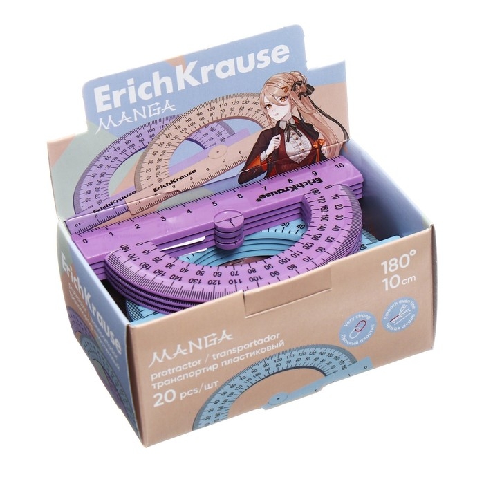 Транспортир 10 см 180&deg;, ErichKrause "Manga", пластик, непрозрачный, коробка-дисплей, МИКС