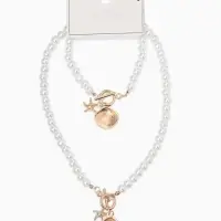 Набор 2 пред-та: бусы.браслет "Жемчуг", ракушка вонголе, цвет белый в золоте L=18/42см №8