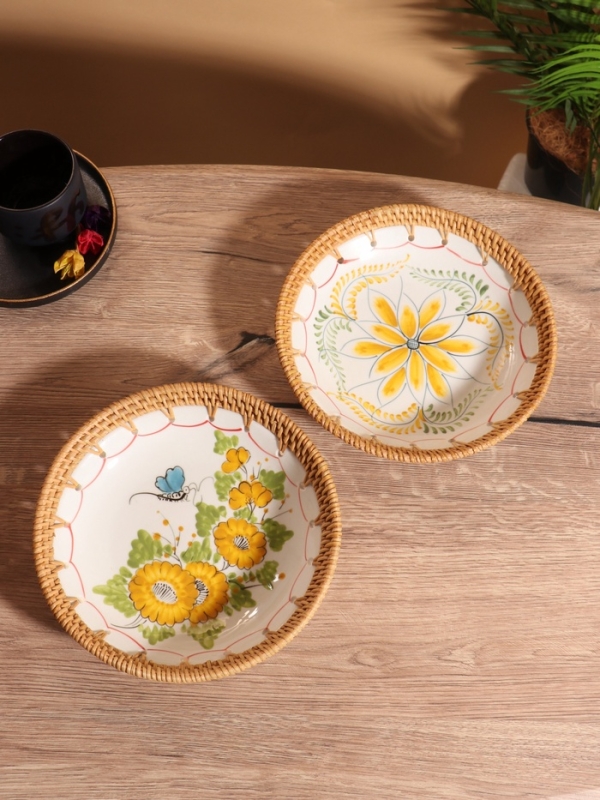 Тарелка керамическая с ротангом 22х22х4,7 см, МИКС