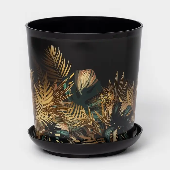 Горшок для цветов с поддоном Доляна &laquo;Голди. Листья&raquo;, 1,6 л, d=14 см, h=15,5 см, пластиковый, цвет чёрный